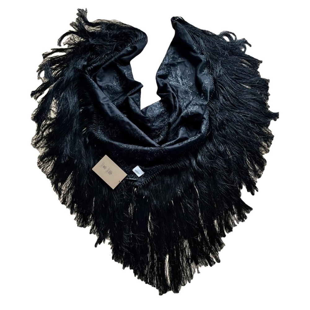 Burberry Black Fringed Scarf with Black and Silver Embroidery